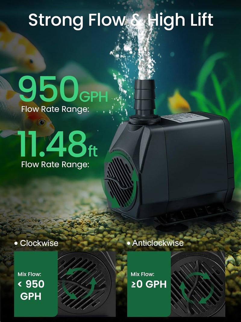 GROWNEER 950GPH Submersible Pump 50W Ultra Quiet Fountain Water Pump 3600L/H, with 9.8ft High Lift, 4 Nozzles for Aquarium, Fish Tank, Pond, Hydroponics, Statuary, Garden, Black (950GPH) - Image 2